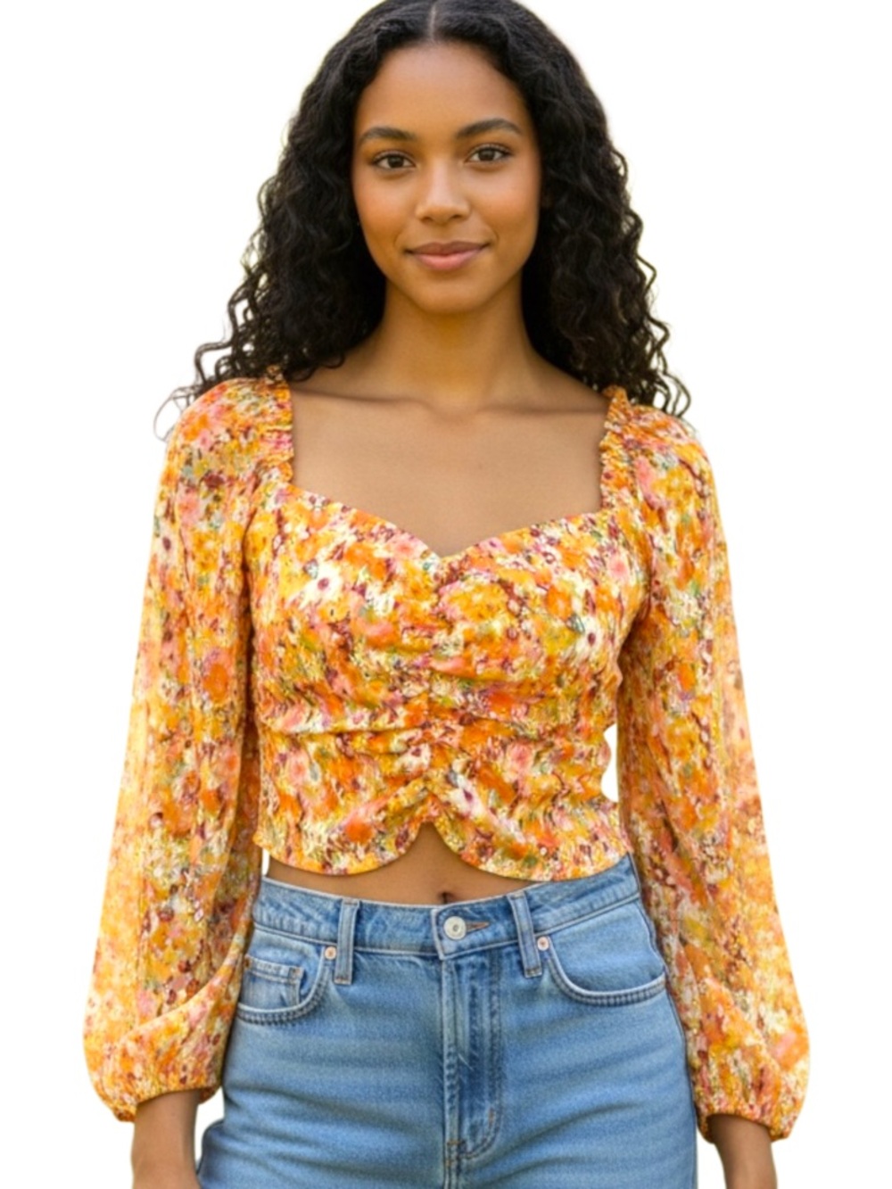LUSH Orange/Peach Floral Ruche Front Balloon Sleeve Smocked Back Crop Top (S)